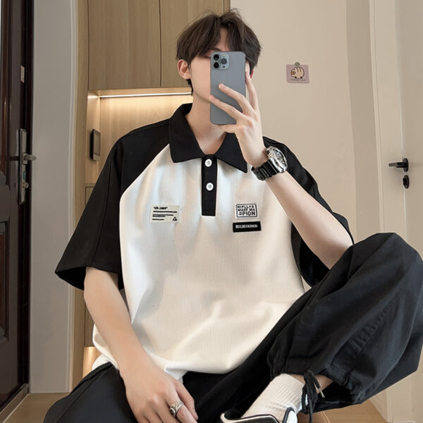 Men's Polo Shirt Short-sleeved Summer Contrast Color Loose Cotton T-shirt White (2)