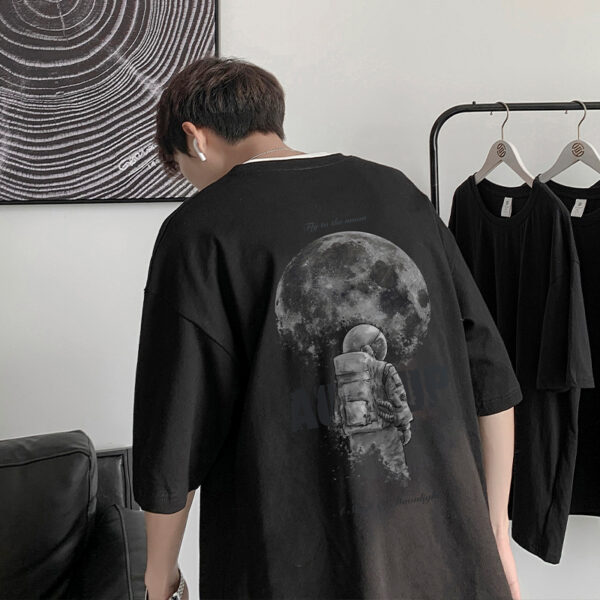 Summer Loose Astronaut Printed Cotton Black T-Shirt Men (1)
