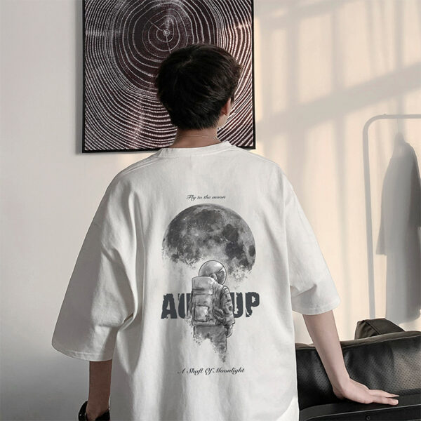 Summer Loose Astronaut Printed Cotton White T-Shirt Men (1)